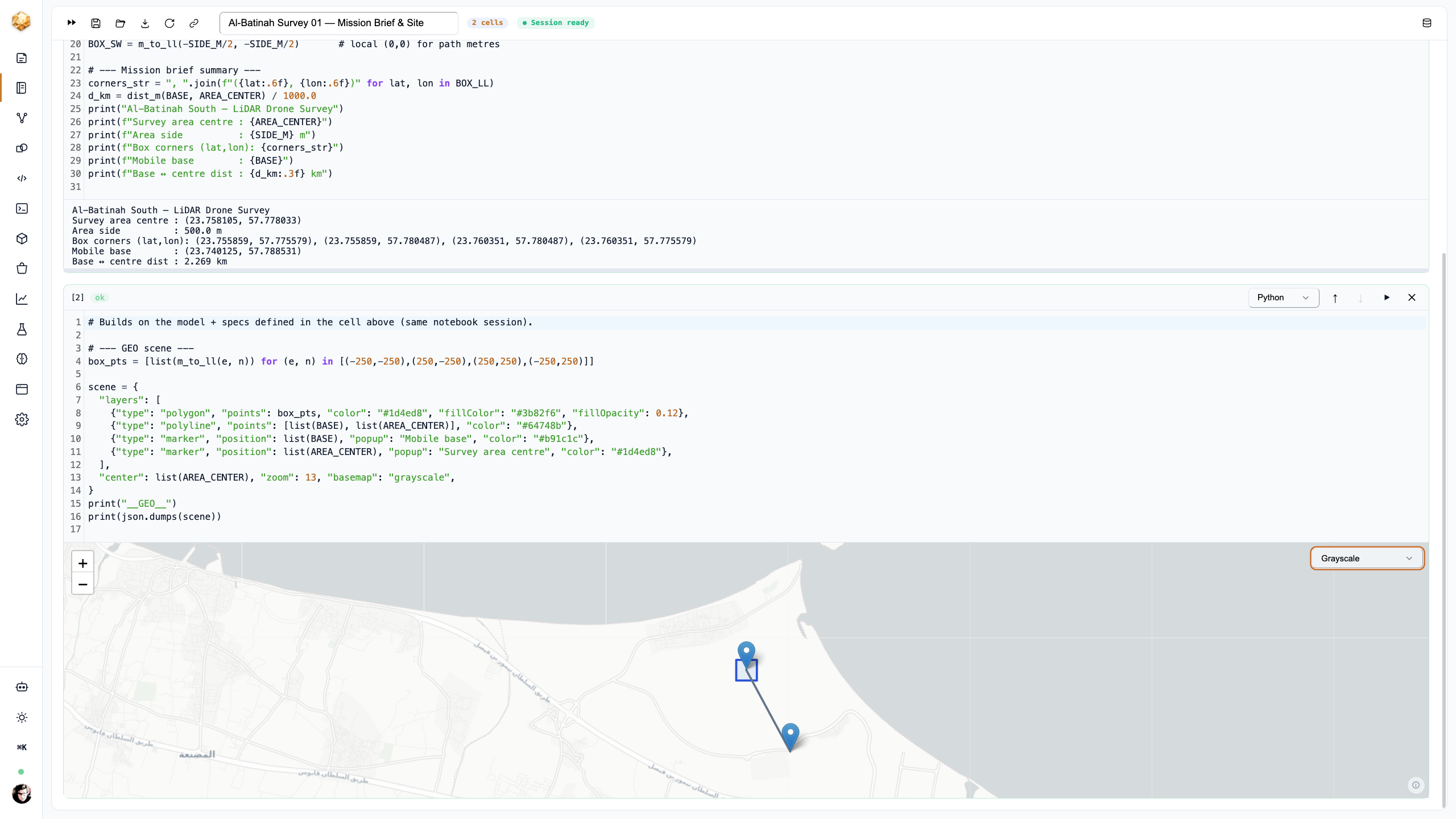 A DjiniousLab notebook rendering a grayscale Leaflet map of the Al-Batinah coast, with the 500-metre survey square, the mobile base, and the transit line between them