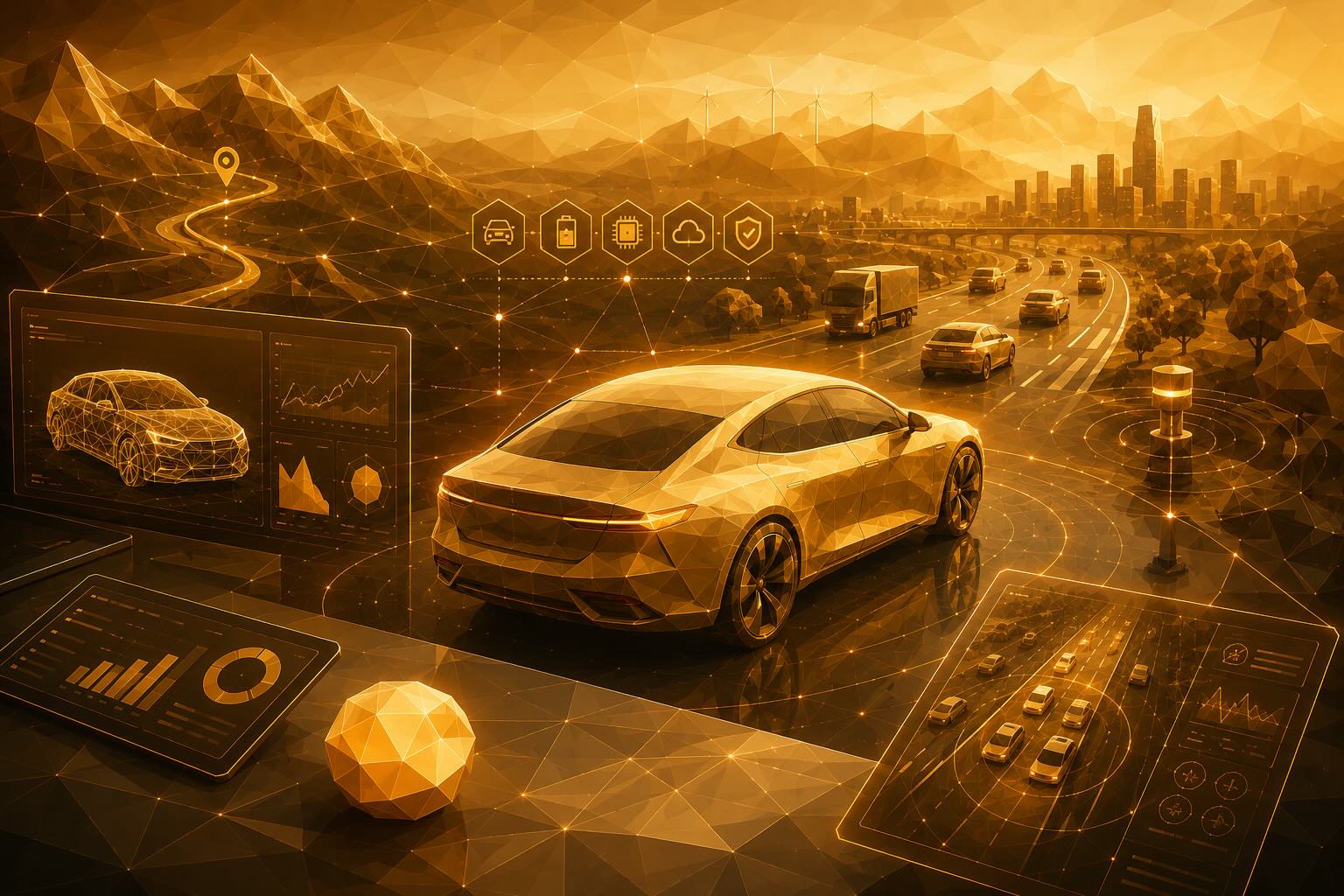 An electric vehicle on a highway beside digital-replica dashboards showing drivetrain, battery, and traffic telemetry.