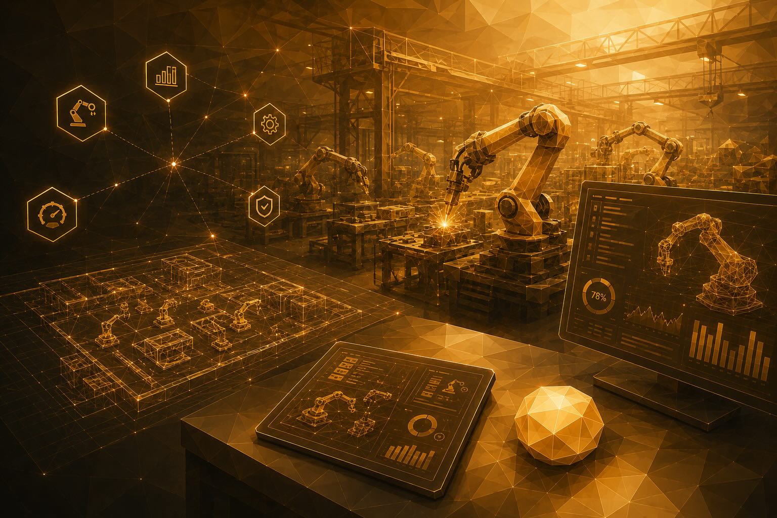 Industrial robot arms on a factory floor beside digital-replica dashboards of the cell layout and cycle metrics.