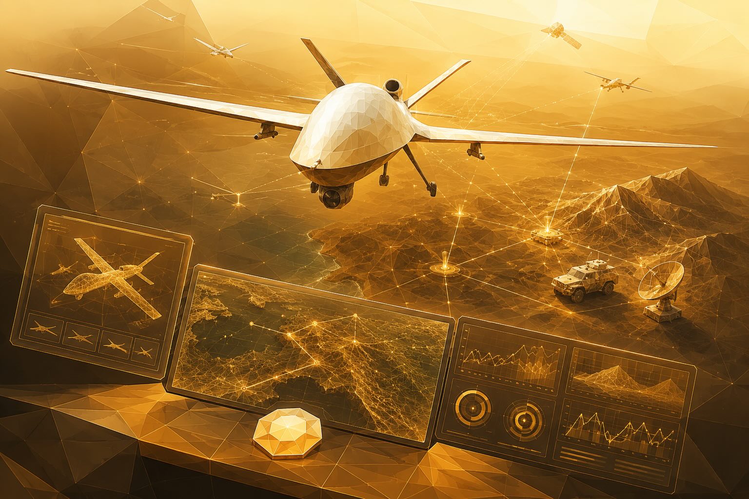 A UAV in flight above a terrain map, beside live digital-replica dashboards tracking its airframe, route, and telemetry.