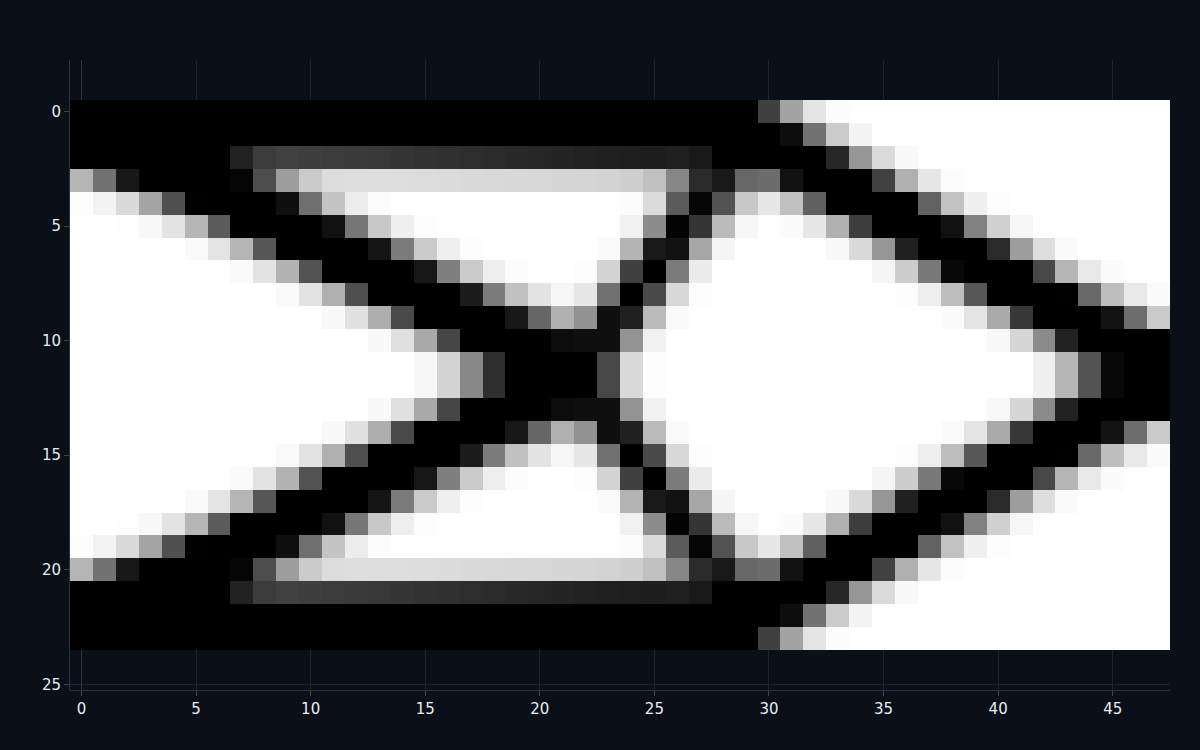 A topology-optimized cantilever — a black truss of material on a white void, clamped at the left and braced to a tip load