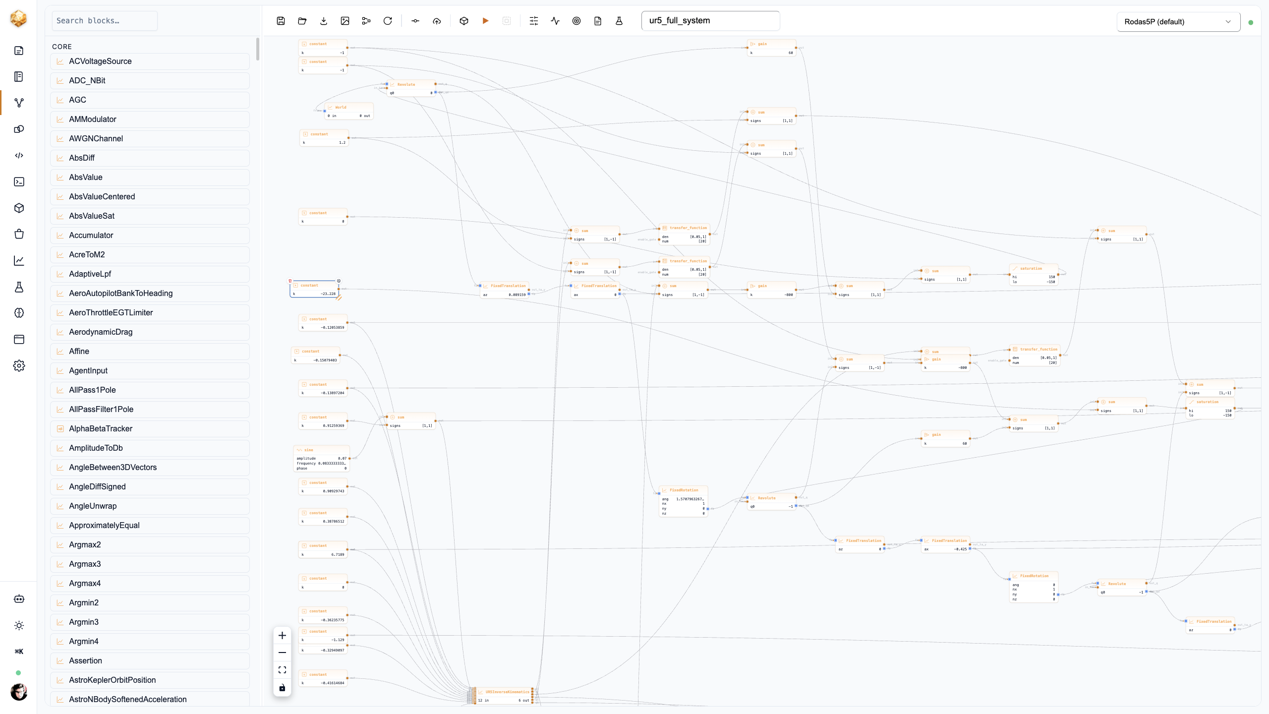 The UR5 full-system model opened as a node graph in the DjiniousLab canvas, showing the entire closed-loop composition wired from multibody-kit primitives